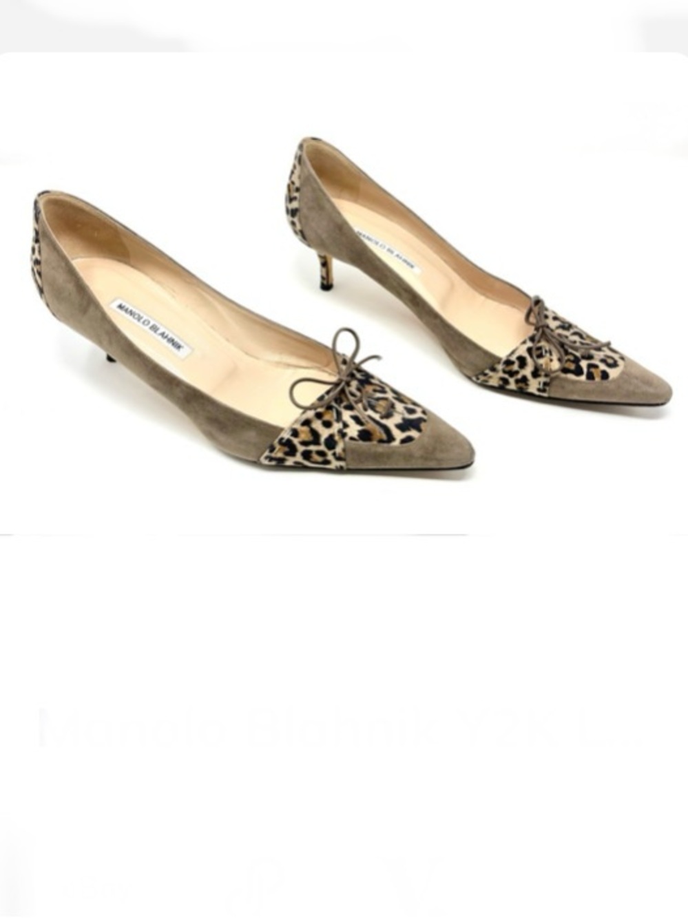 Manolo Blahnik Y2K Leopard Pony Hair Lace Up Beige Suede Kitten Heels 40.5